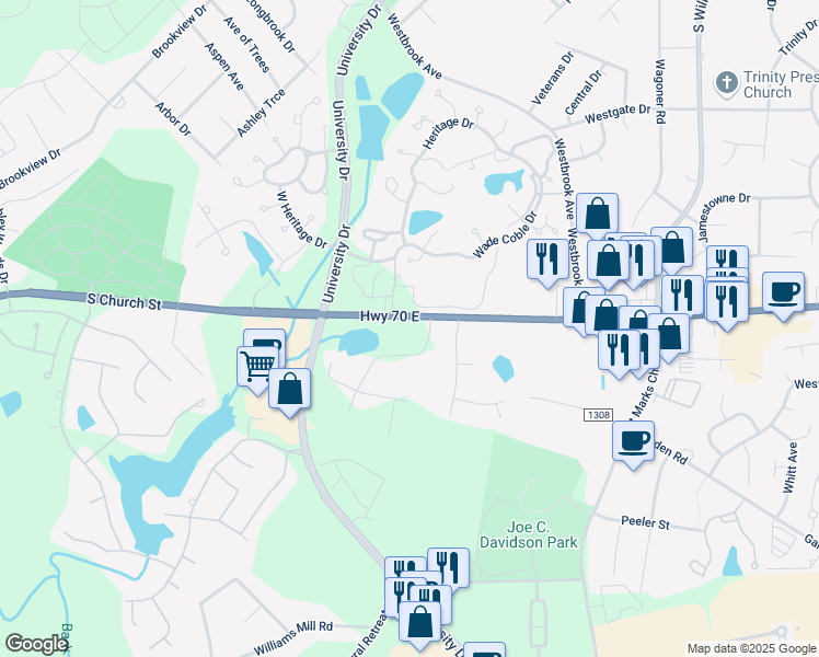 map of restaurants, bars, coffee shops, grocery stores, and more near 3804 South Church Street in Burlington