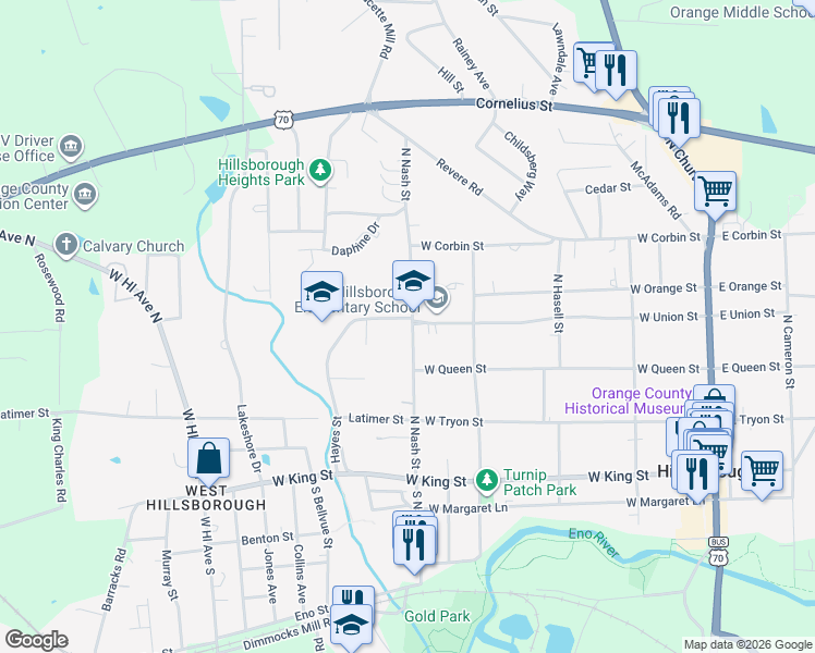 map of restaurants, bars, coffee shops, grocery stores, and more near 316 North Nash Street in Hillsborough