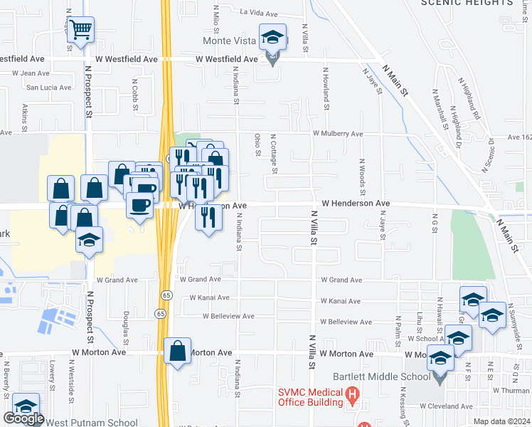 map of restaurants, bars, coffee shops, grocery stores, and more near 732 Dexter Avenue in Porterville