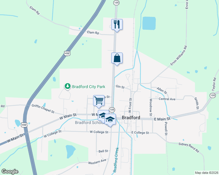 map of restaurants, bars, coffee shops, grocery stores, and more near 128 Cash St in Bradford