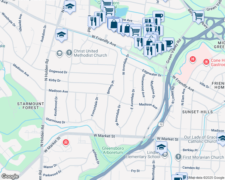 map of restaurants, bars, coffee shops, grocery stores, and more near 200 Beverly Place in Greensboro