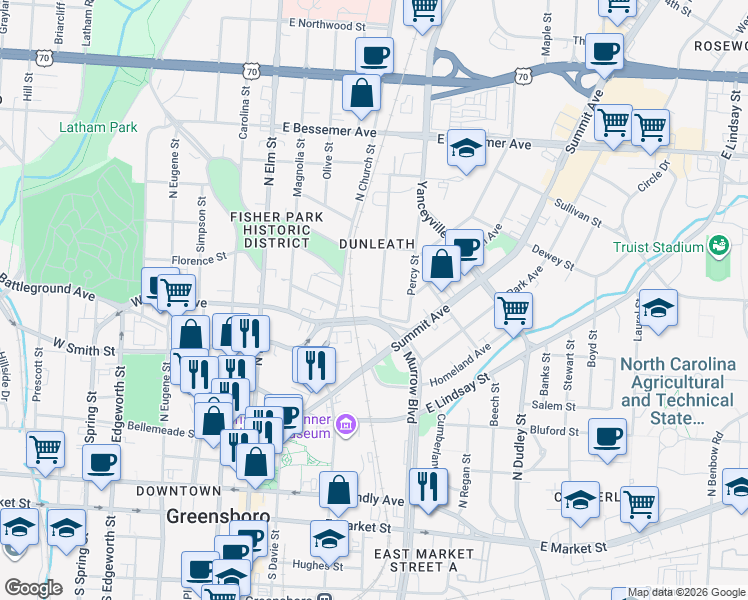 map of restaurants, bars, coffee shops, grocery stores, and more near 308 Leftwich Street in Greensboro