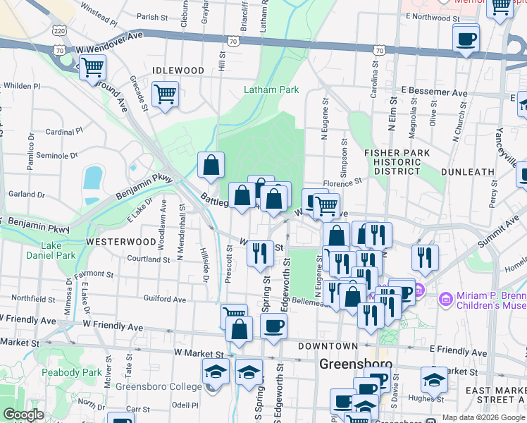 map of restaurants, bars, coffee shops, grocery stores, and more near 517 North Spring Street in Greensboro