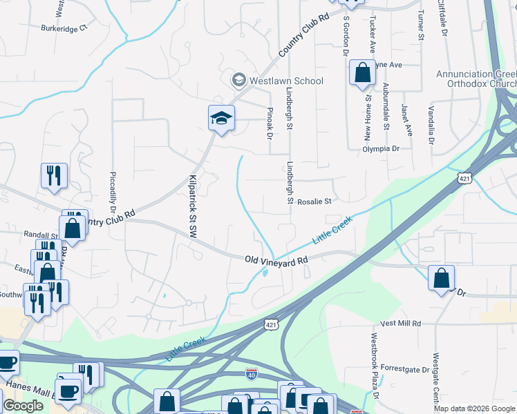map of restaurants, bars, coffee shops, grocery stores, and more near 4216 Rosalie Street in Winston-Salem