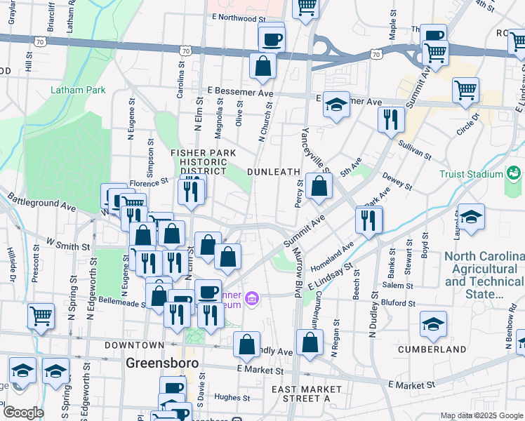 map of restaurants, bars, coffee shops, grocery stores, and more near 308 Leftwich Street in Greensboro