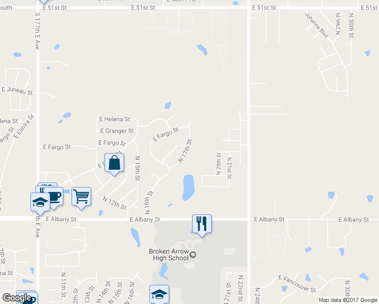 map of restaurants, bars, coffee shops, grocery stores, and more near 2651 North 17th Street in Broken Arrow