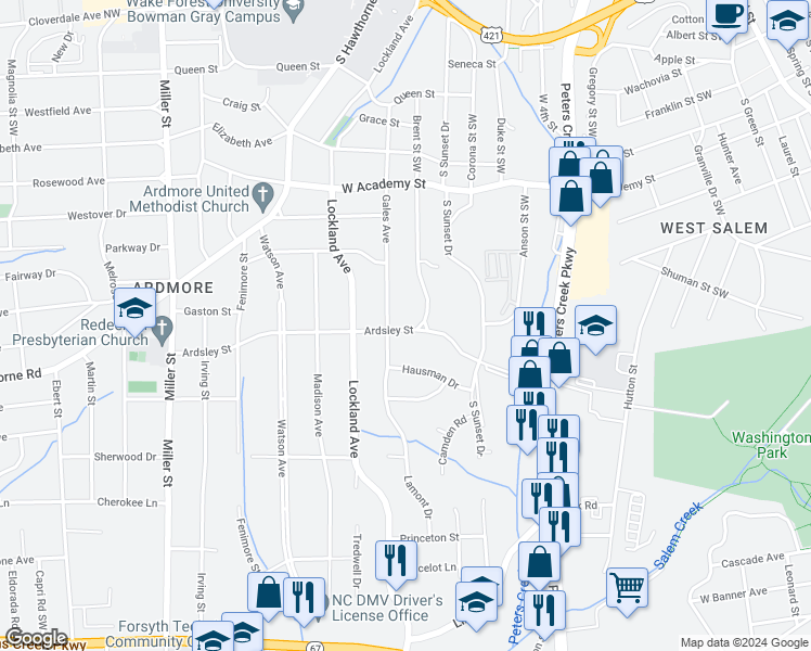 map of restaurants, bars, coffee shops, grocery stores, and more near 1721 Ardsley Street in Winston-Salem
