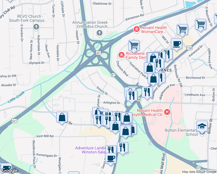 map of restaurants, bars, coffee shops, grocery stores, and more near 2101 South Hawthorne Road in Winston-Salem