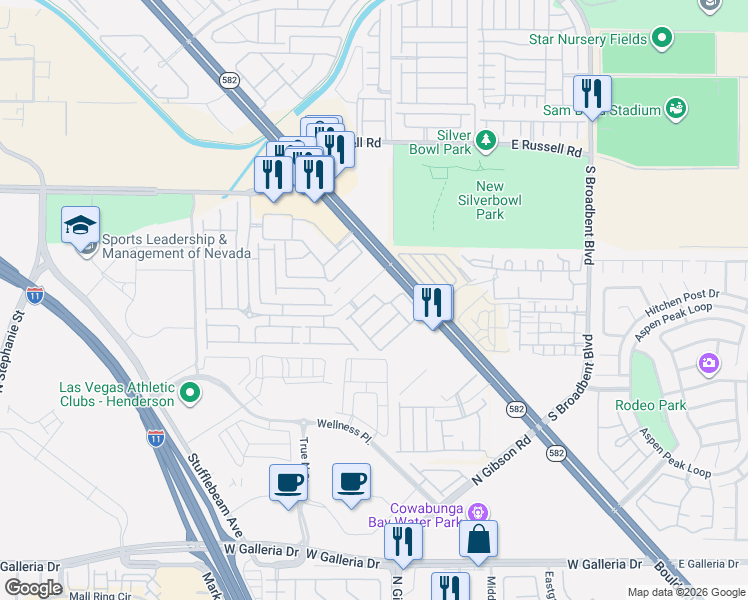 map of restaurants, bars, coffee shops, grocery stores, and more near 6584 Strolling Plains Lane in Henderson