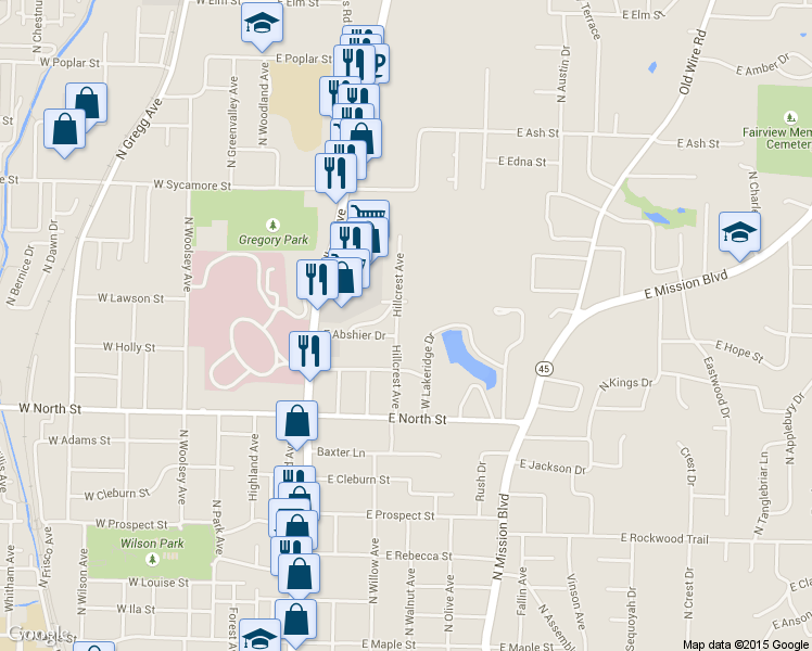 map of restaurants, bars, coffee shops, grocery stores, and more near 1330 N Hillcrest Ave in Fayetteville
