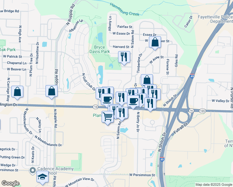 map of restaurants, bars, coffee shops, grocery stores, and more near 3406 West Chevaux Drive in Fayetteville