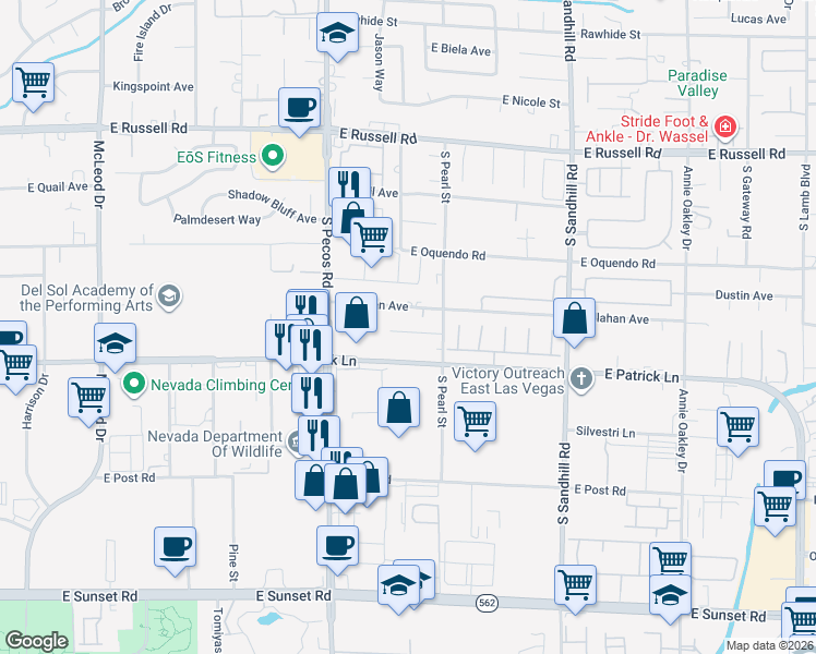 map of restaurants, bars, coffee shops, grocery stores, and more near 3540 Wisdom Court in Las Vegas