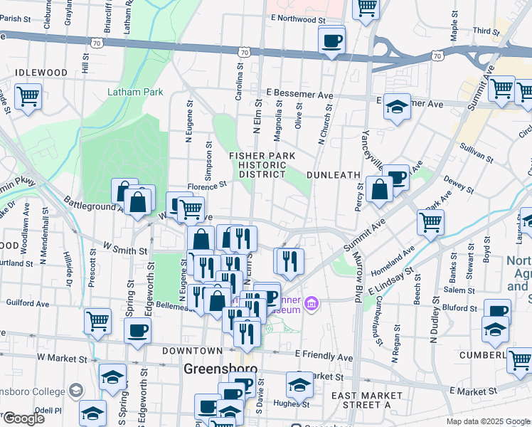 map of restaurants, bars, coffee shops, grocery stores, and more near in Greensboro