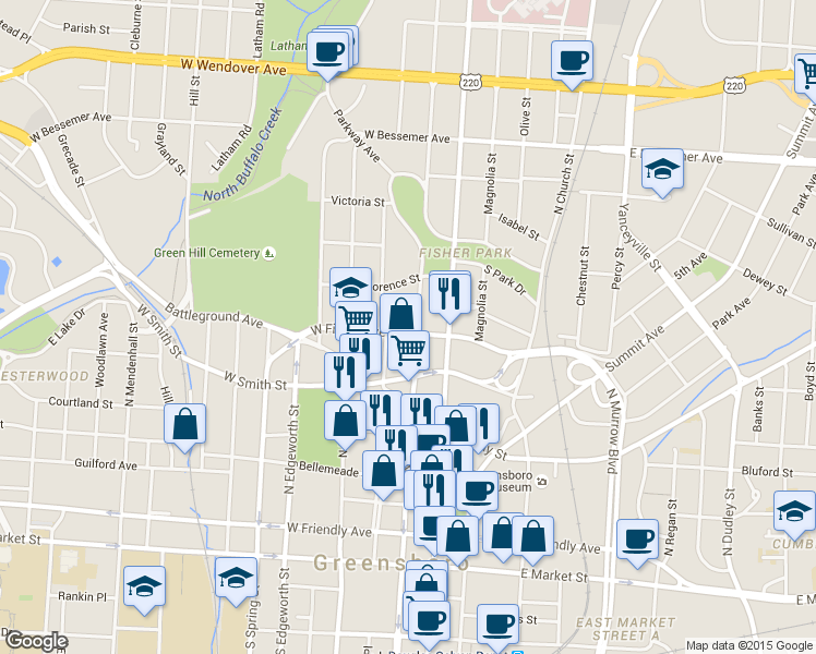 map of restaurants, bars, coffee shops, grocery stores, and more near 608 North Greene Street in Greensboro