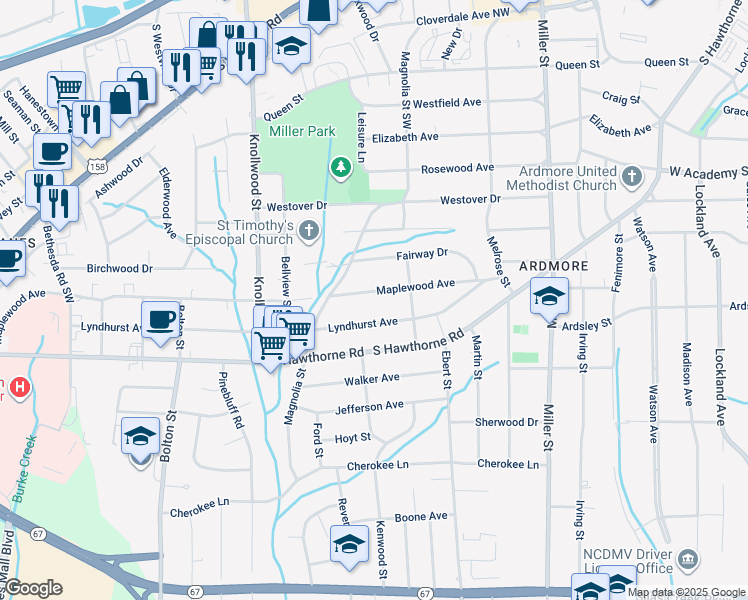map of restaurants, bars, coffee shops, grocery stores, and more near 2432 Maplewood Avenue in Winston-Salem