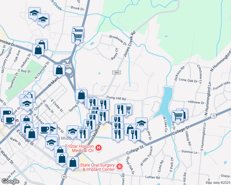 map of restaurants, bars, coffee shops, grocery stores, and more near 101 Sunny Ridge Circle in Dickson