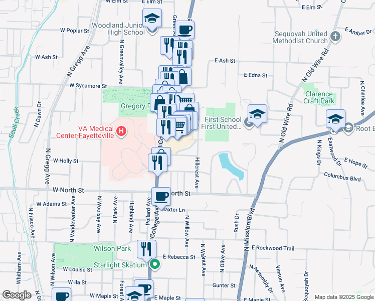 map of restaurants, bars, coffee shops, grocery stores, and more near 309 East Abshier Drive in Fayetteville