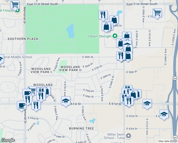 map of restaurants, bars, coffee shops, grocery stores, and more near 8935 East 58th Street in Tulsa