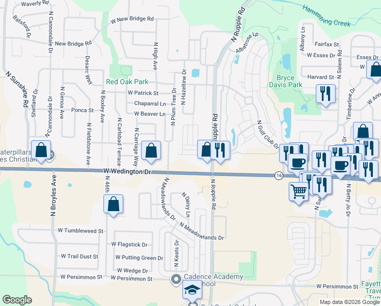 map of restaurants, bars, coffee shops, grocery stores, and more near 1210 North Garland Avenue in Fayetteville