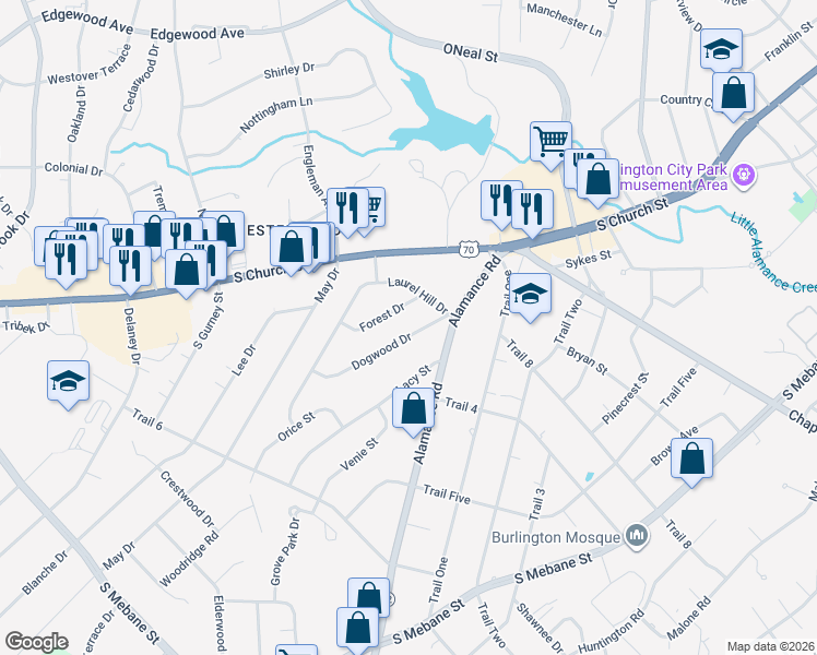map of restaurants, bars, coffee shops, grocery stores, and more near 113 Dogwood Drive in Burlington