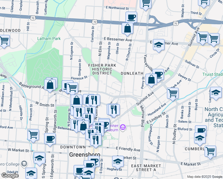 map of restaurants, bars, coffee shops, grocery stores, and more near 206 Leftwich Street in Greensboro