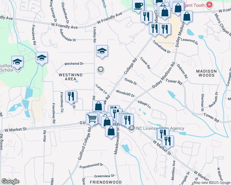 map of restaurants, bars, coffee shops, grocery stores, and more near 304 College Road in Greensboro