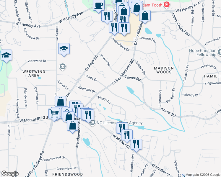 map of restaurants, bars, coffee shops, grocery stores, and more near 5500 Guida Drive in Greensboro