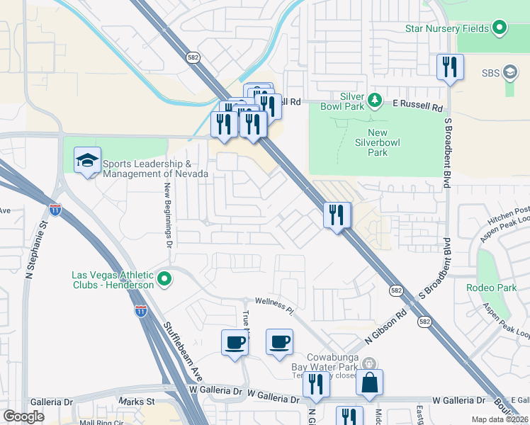 map of restaurants, bars, coffee shops, grocery stores, and more near 5998 Jagged Cut Street in Henderson