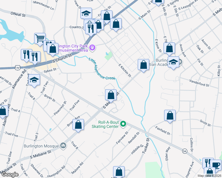 map of restaurants, bars, coffee shops, grocery stores, and more near 1518 South Mebane Street in Burlington