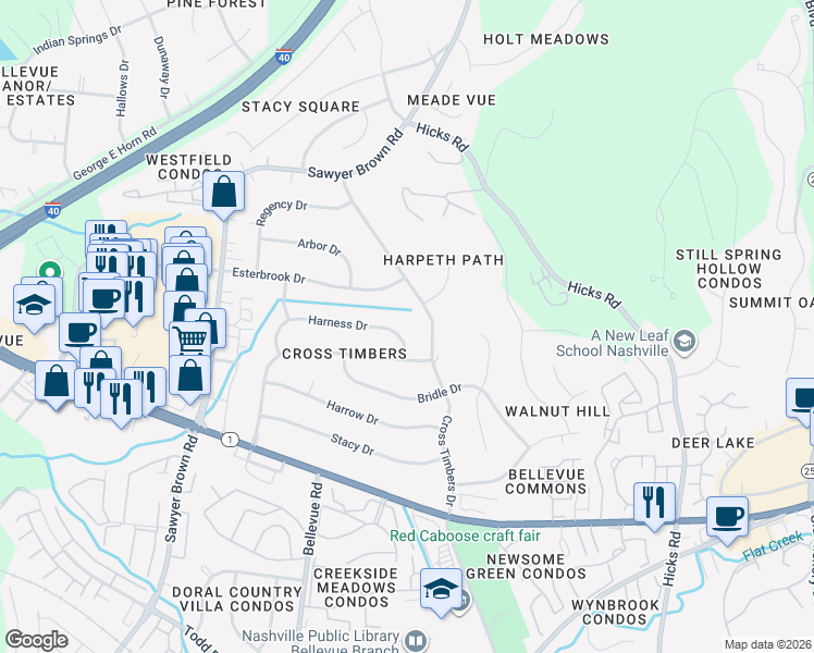 map of restaurants, bars, coffee shops, grocery stores, and more near 7400 Harness Drive in Nashville