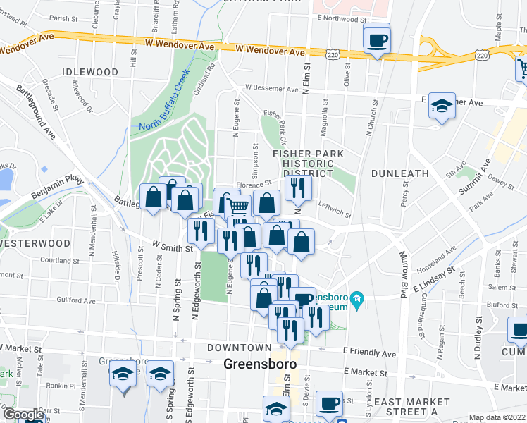 map of restaurants, bars, coffee shops, grocery stores, and more near 210 West Fisher Avenue in Greensboro