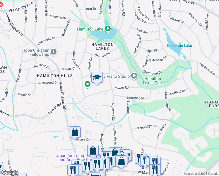 map of restaurants, bars, coffee shops, grocery stores, and more near 607 Montrose Drive in Greensboro