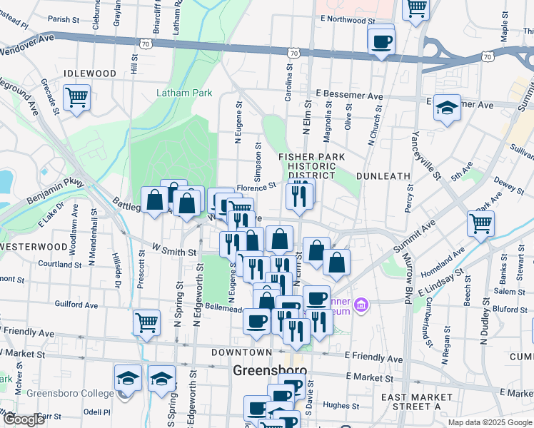 map of restaurants, bars, coffee shops, grocery stores, and more near 210 West Fisher Avenue in Greensboro