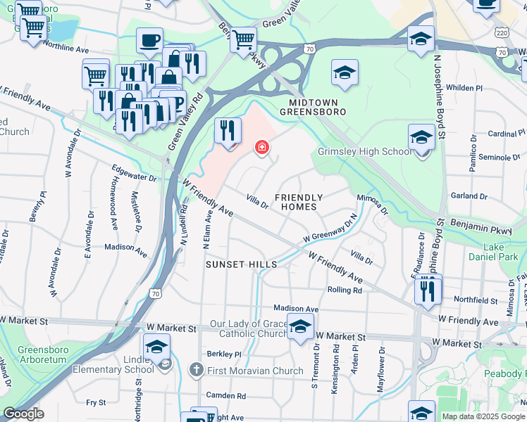 map of restaurants, bars, coffee shops, grocery stores, and more near 2211 Villa Drive in Greensboro