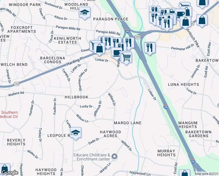 map of restaurants, bars, coffee shops, grocery stores, and more near 188 Wallace Road in Nashville