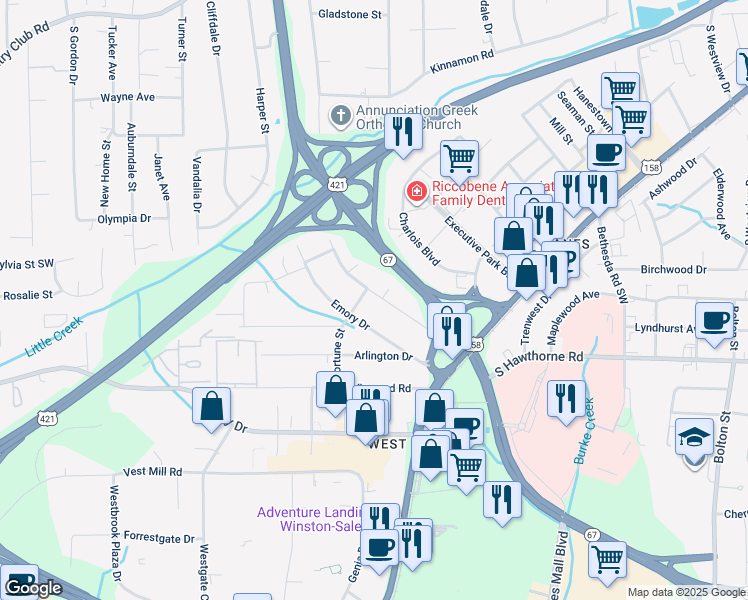 map of restaurants, bars, coffee shops, grocery stores, and more near 2101 South Hawthorne Road in Winston-Salem