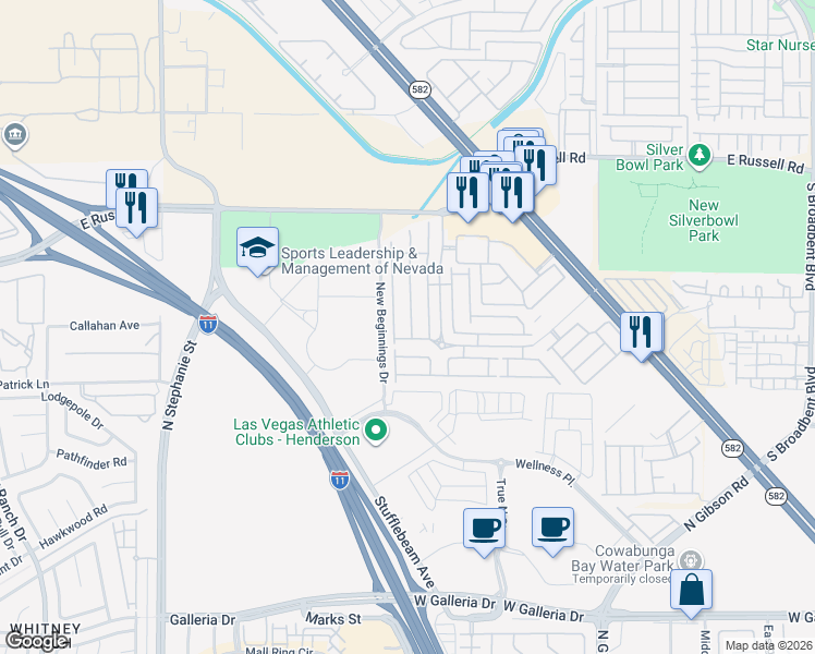 map of restaurants, bars, coffee shops, grocery stores, and more near 6233 Overhang Avenue in Henderson