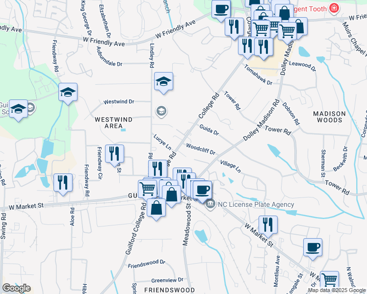 map of restaurants, bars, coffee shops, grocery stores, and more near 304 College Road in Greensboro