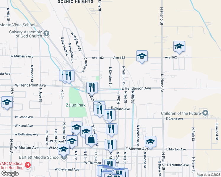 map of restaurants, bars, coffee shops, grocery stores, and more near 0 East Henderson Avenue in Porterville
