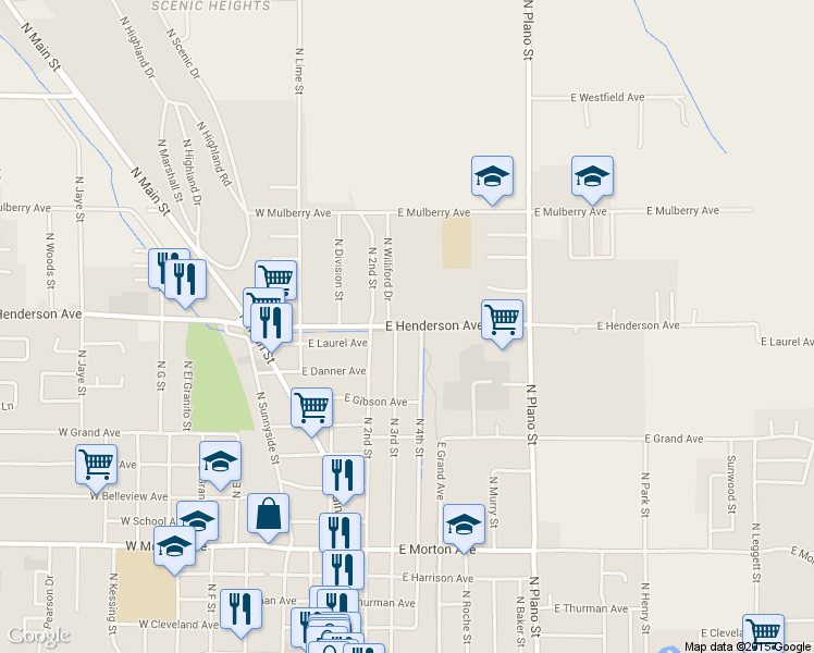 map of restaurants, bars, coffee shops, grocery stores, and more near 763 North 4th Street in Porterville