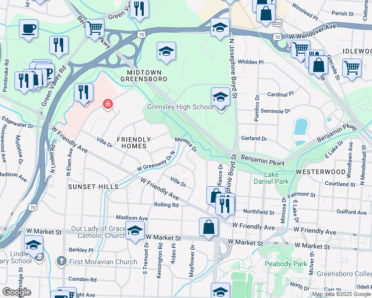 map of restaurants, bars, coffee shops, grocery stores, and more near 620 North Tremont Drive in Greensboro