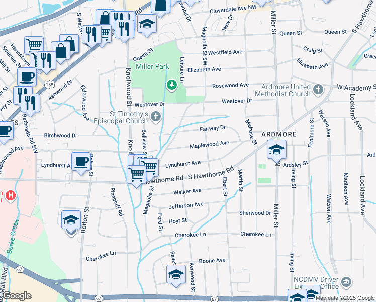 map of restaurants, bars, coffee shops, grocery stores, and more near 2432 Maplewood Avenue in Winston-Salem