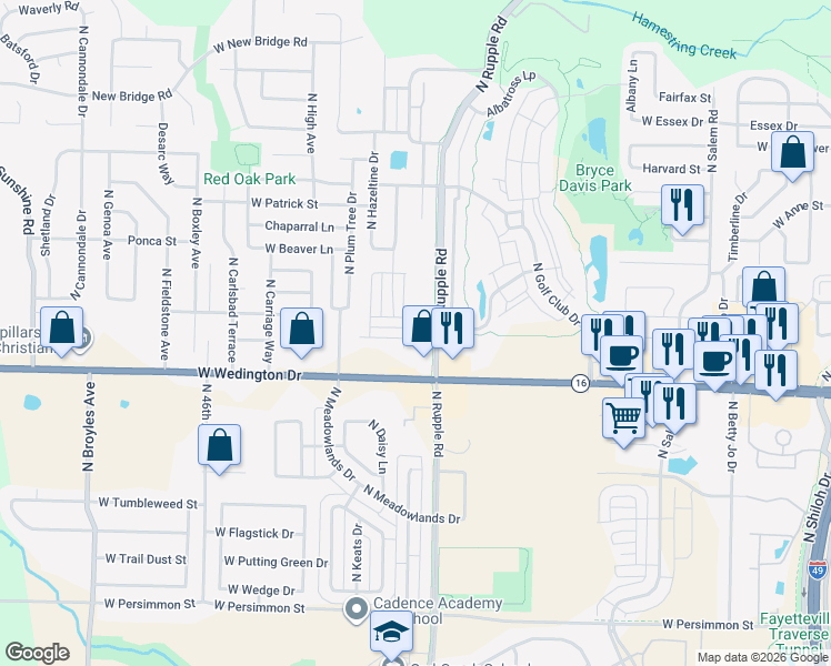 map of restaurants, bars, coffee shops, grocery stores, and more near 1163 N Rupple Rd in Fayetteville