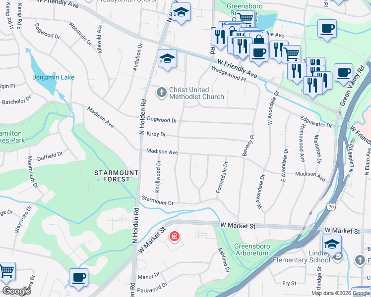 map of restaurants, bars, coffee shops, grocery stores, and more near 3703 Madison Avenue in Greensboro