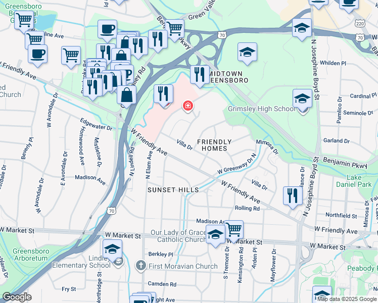 map of restaurants, bars, coffee shops, grocery stores, and more near 2211 Villa Drive in Greensboro