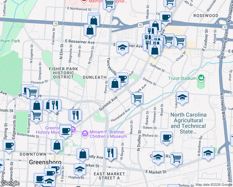 map of restaurants, bars, coffee shops, grocery stores, and more near 518 Summit Avenue in Greensboro