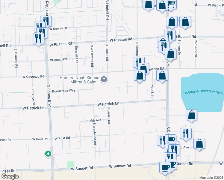 map of restaurants, bars, coffee shops, grocery stores, and more near 5600 West Patrick Lane in Las Vegas