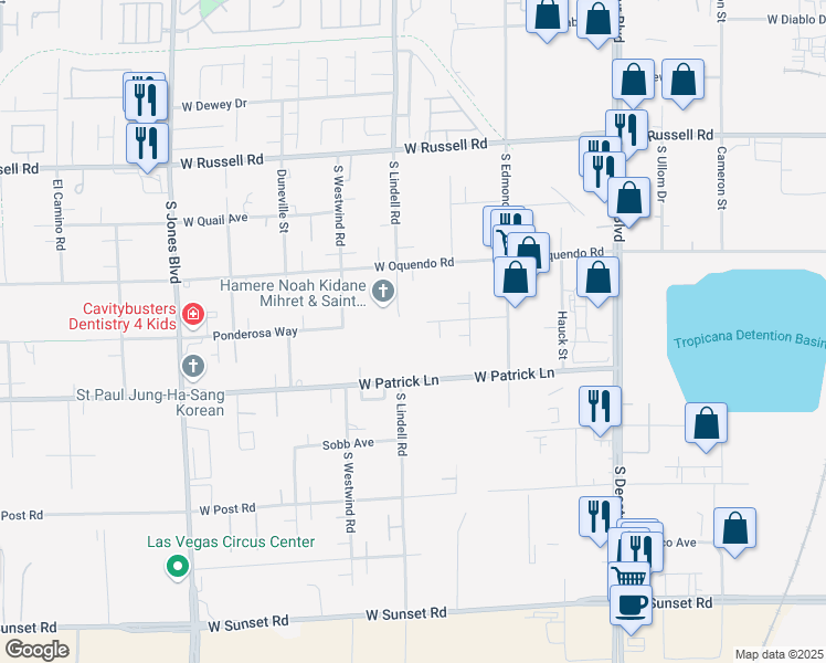 map of restaurants, bars, coffee shops, grocery stores, and more near South Lindell Road in Las Vegas