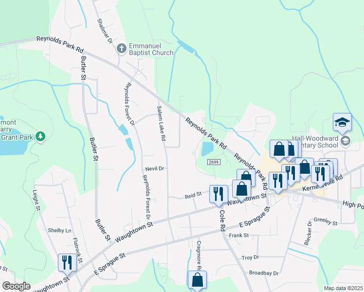 map of restaurants, bars, coffee shops, grocery stores, and more near 1231 Rhue Road Southeast in Winston-Salem