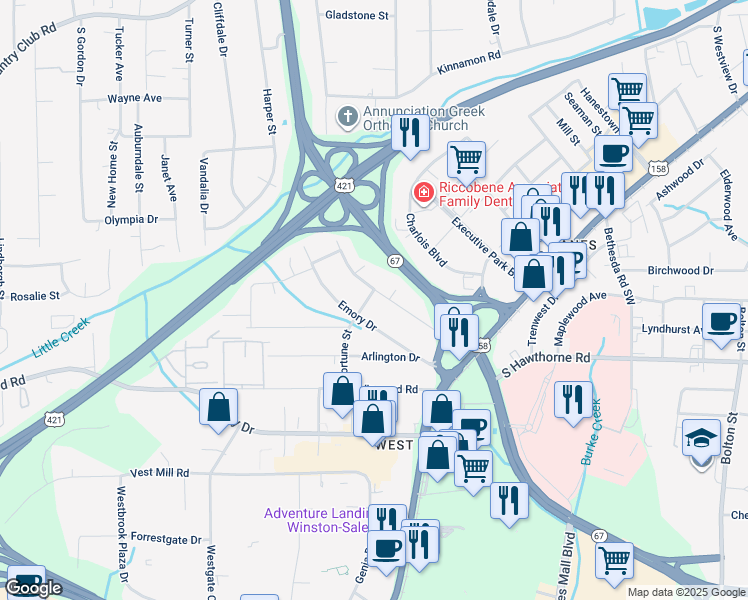 map of restaurants, bars, coffee shops, grocery stores, and more near 2107 South Hawthorne Road in Winston-Salem